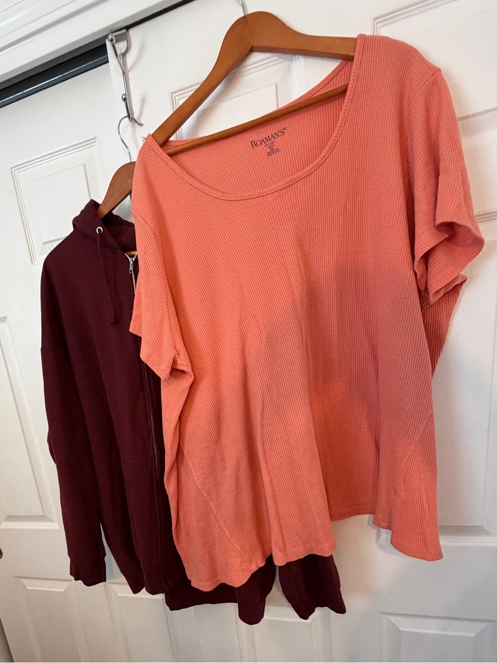 Maroon Full-Zip Hoodie and Peach Henley waffle shirt. Roomie 4x